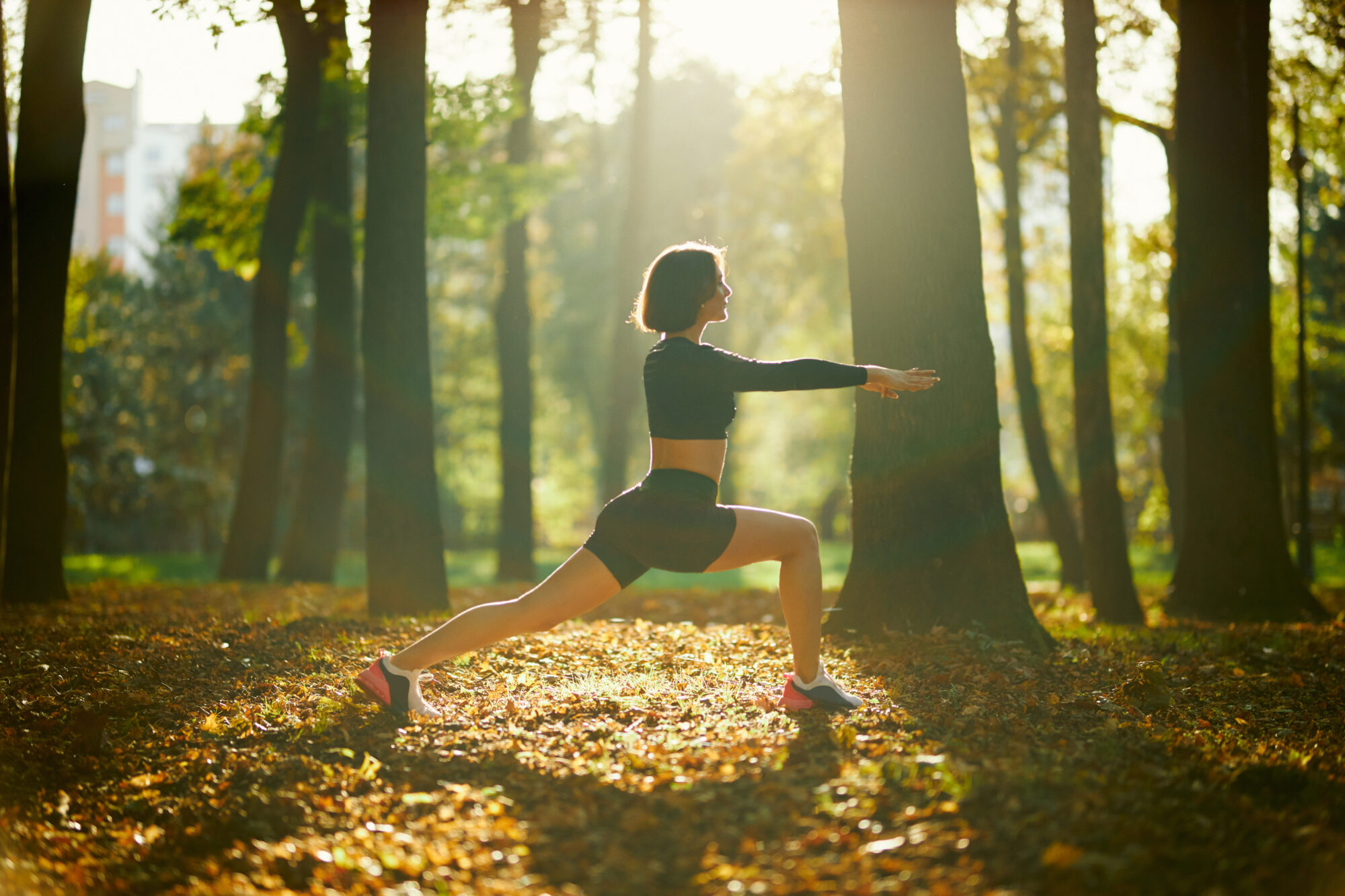 une femme s'étire au cœur de la forêt avec une séance de sport en automne